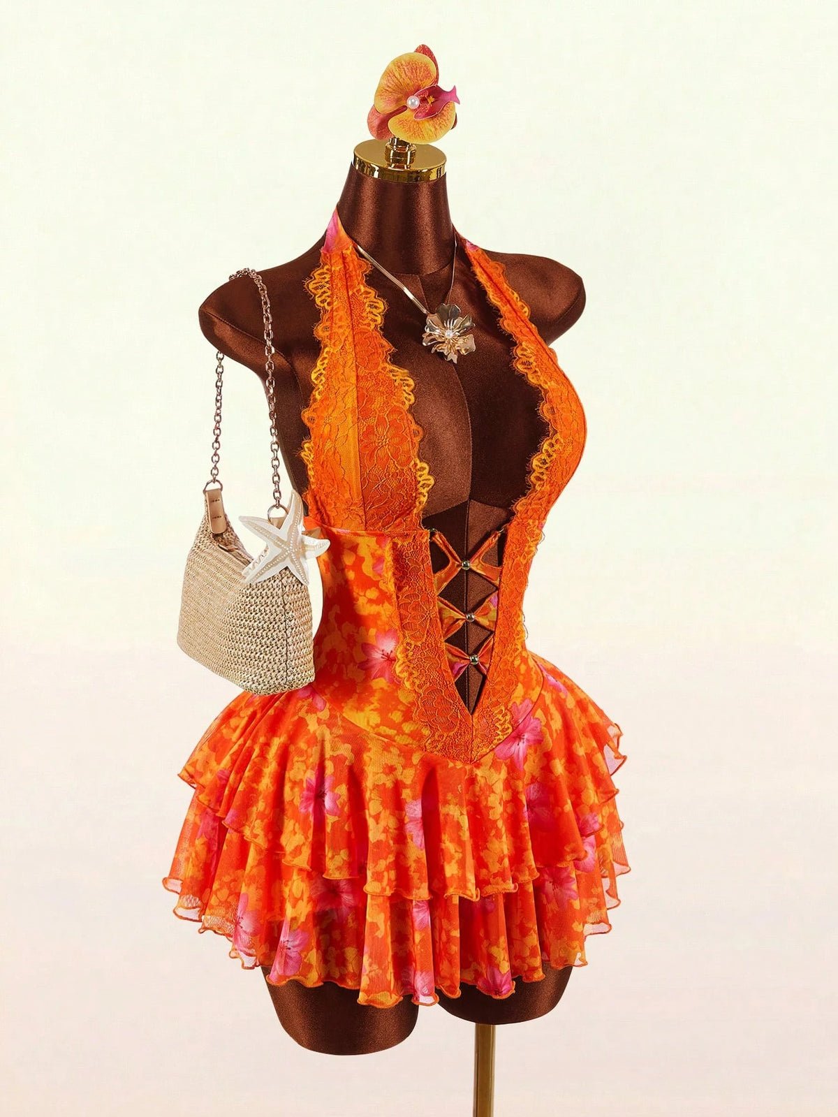 Amplova Women's Lace Halter V-Neck Ruffle Hem Mini Dress,Orange And Yellow,Summer,70s,Holiday,Party,Vacation,Holiday Boho Elegant Casual Y2k Beach Outfits