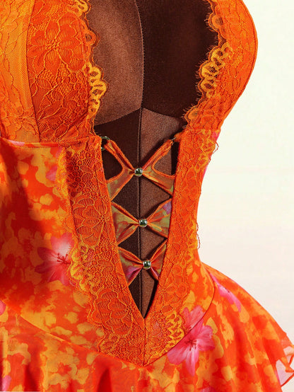 Amplova Women's Lace Halter V-Neck Ruffle Hem Mini Dress,Orange And Yellow,Summer,70s,Holiday,Party,Vacation,Holiday Boho Elegant Casual Y2k Beach Outfits