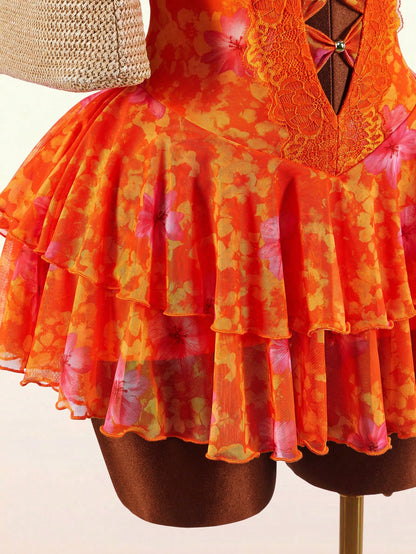 Amplova Women's Lace Halter V-Neck Ruffle Hem Mini Dress,Orange And Yellow,Summer,70s,Holiday,Party,Vacation,Holiday Boho Elegant Casual Y2k Beach Outfits