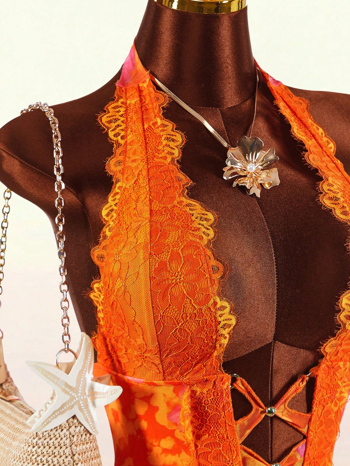 Amplova Women's Lace Halter V-Neck Ruffle Hem Mini Dress,Orange And Yellow,Summer,70s,Holiday,Party,Vacation,Holiday Boho Elegant Casual Y2k Beach Outfits