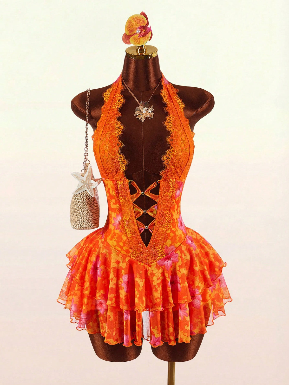 Amplova Women's Lace Halter V-Neck Ruffle Hem Mini Dress,Orange And Yellow,Summer,70s,Holiday,Party,Vacation,Holiday Boho Elegant Casual Y2k Beach Outfits
