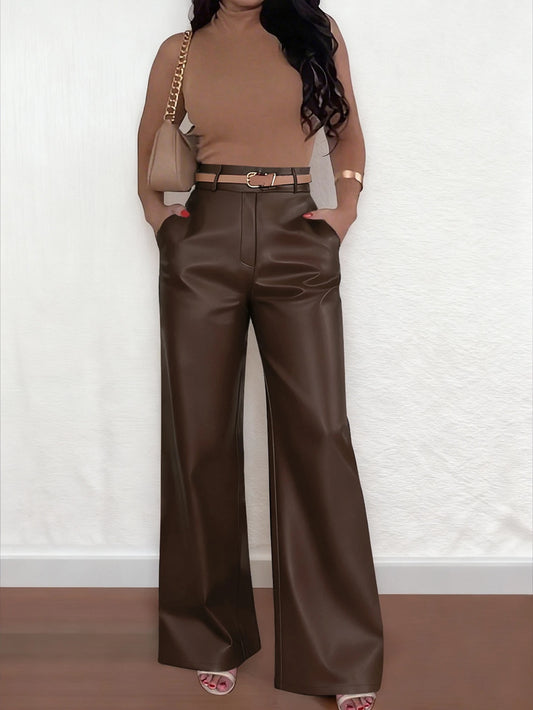 ANCHOSE Women's Elegant High Waist Pocket Design Flare Pants, Loose Fit, Early Autumn Spring