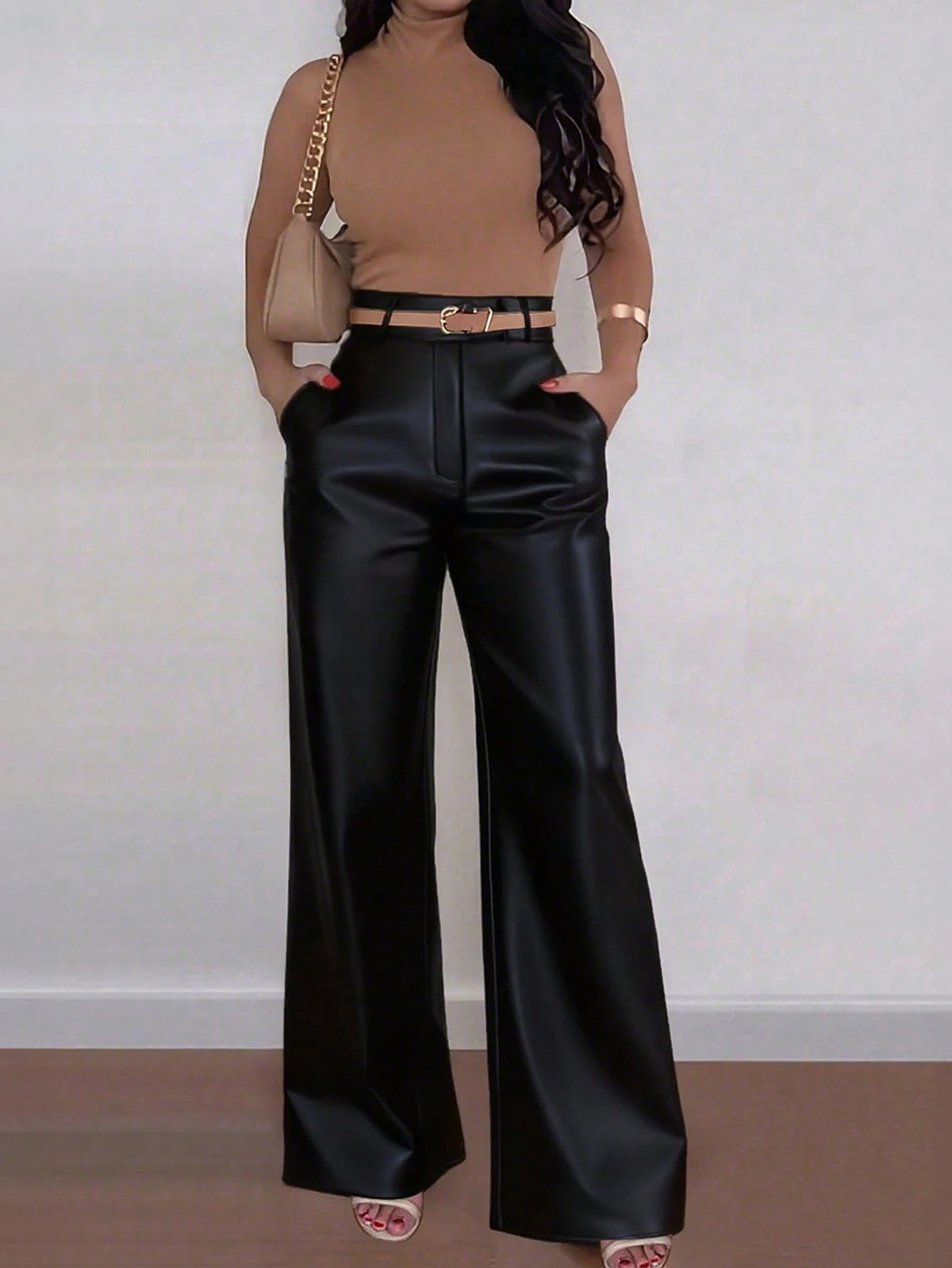 ANCHOSE Women's Elegant High Waist Pocket Design Flare Pants, Loose Fit, Early Autumn Spring