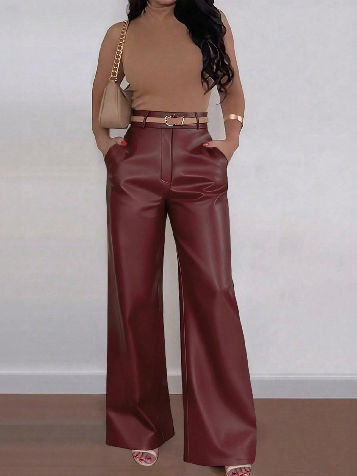 ANCHOSE Women's Elegant High Waist Pocket Design Flare Pants, Loose Fit, Early Autumn Spring