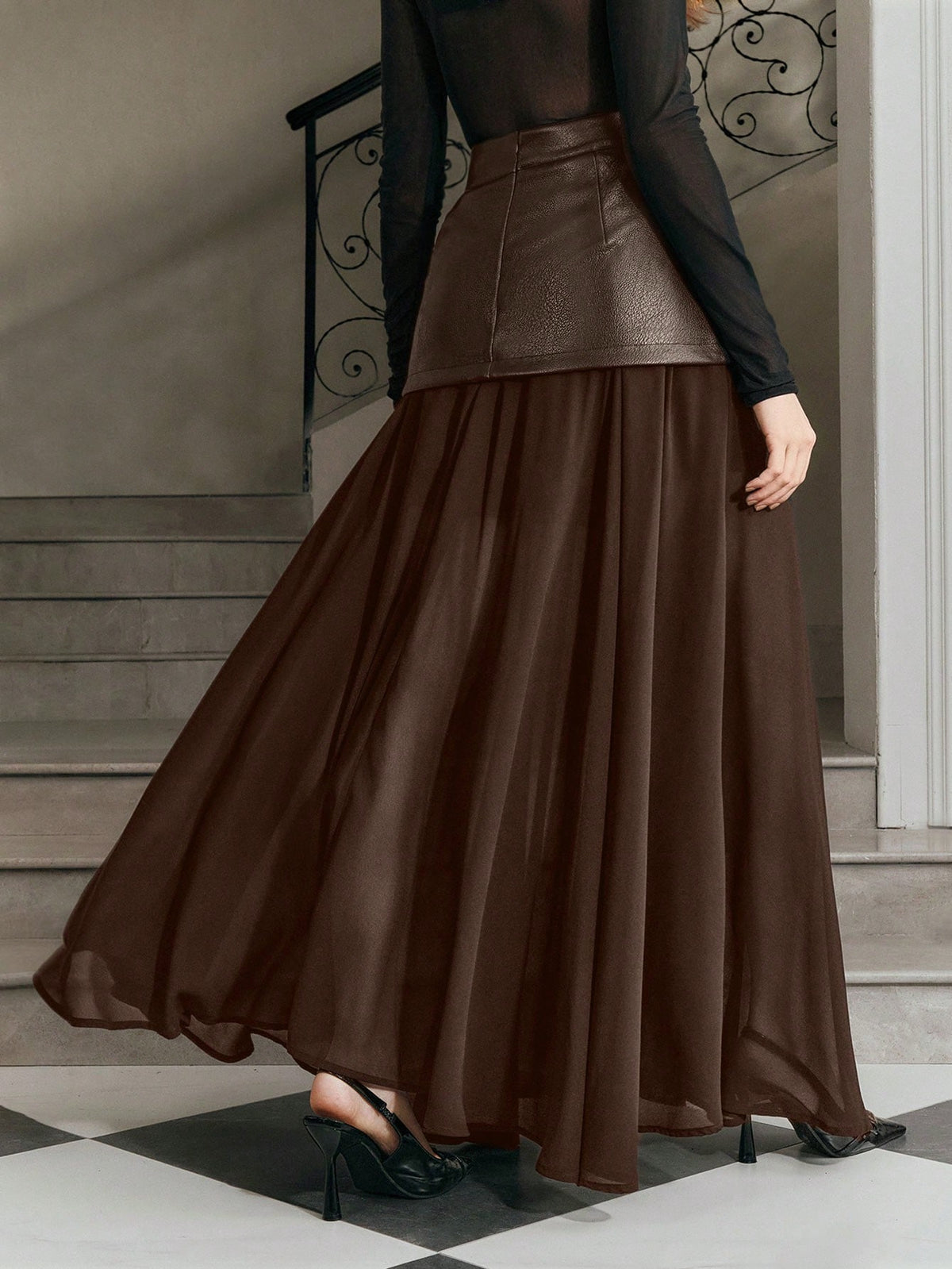 Anewsta Modern Chic New Black High Waist Double Belt Chiffon Patchwork Long Casual Skirt For Women