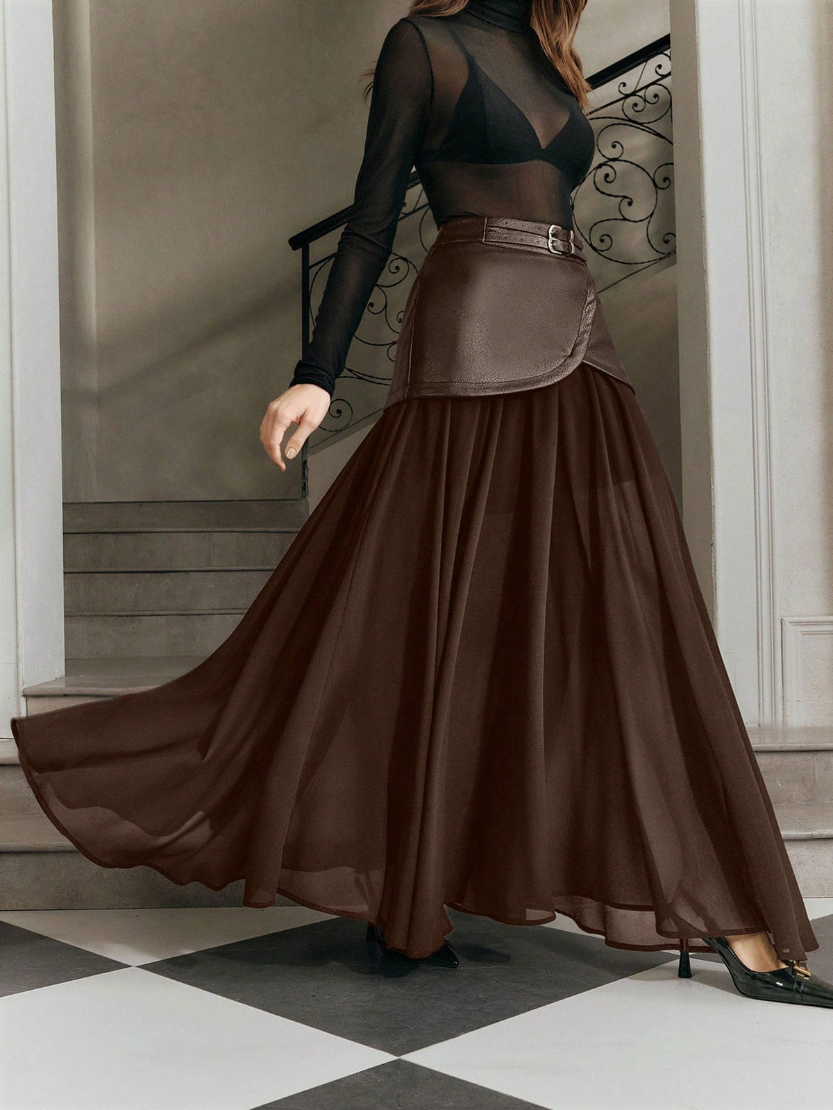 Anewsta Modern Chic New Black High Waist Double Belt Chiffon Patchwork Long Casual Skirt For Women