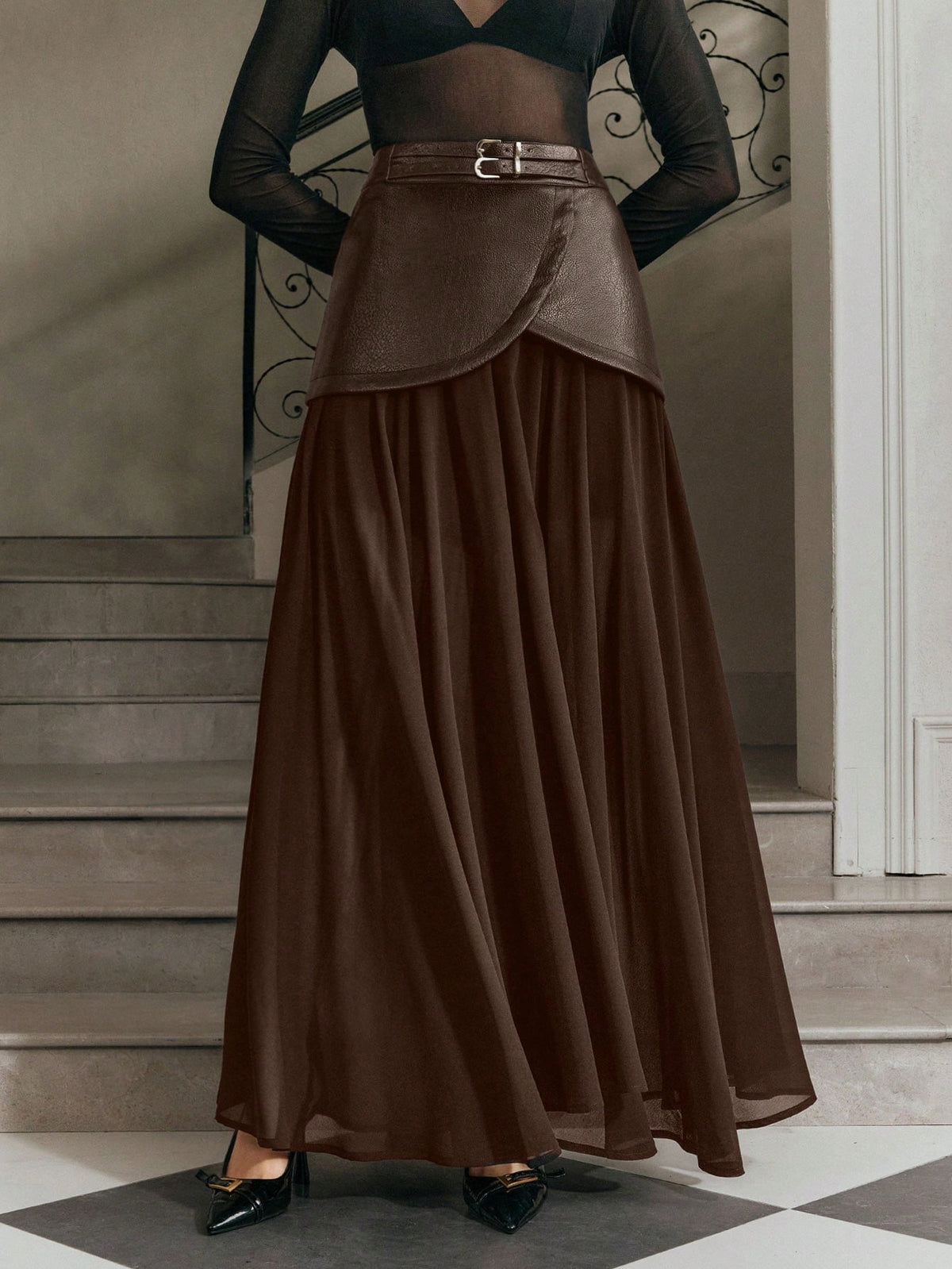Anewsta Modern Chic New Black High Waist Double Belt Chiffon Patchwork Long Casual Skirt For Women