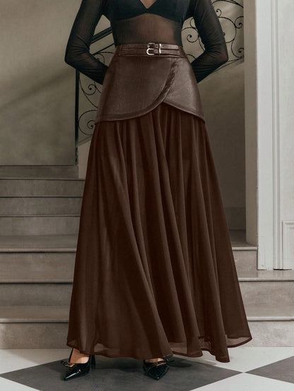 Anewsta Modern Chic New Black High Waist Double Belt Chiffon Patchwork Long Casual Skirt For Women