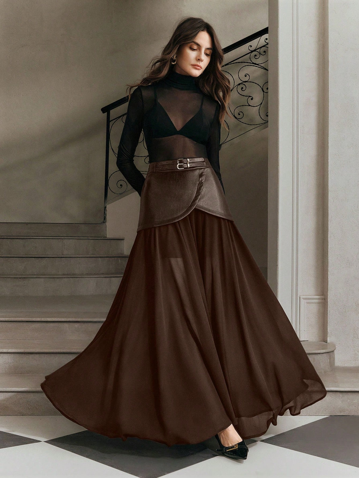 Anewsta Modern Chic New Black High Waist Double Belt Chiffon Patchwork Long Casual Skirt For Women