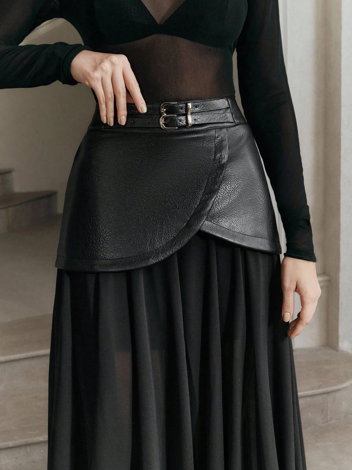 Anewsta Modern Chic New Black High Waist Double Belt Chiffon Patchwork Long Casual Skirt For Women