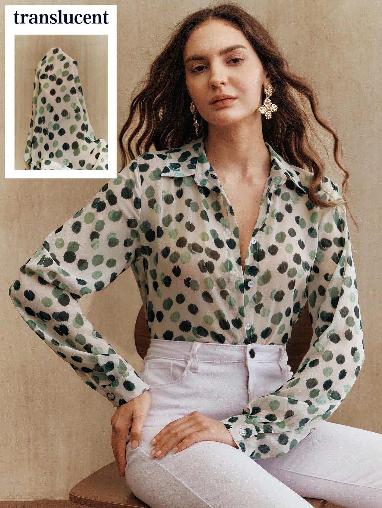 Anewsta Women's Elegant French Collar Long Sleeve Dual-Color Polka Dot Print Blouse, Autumn