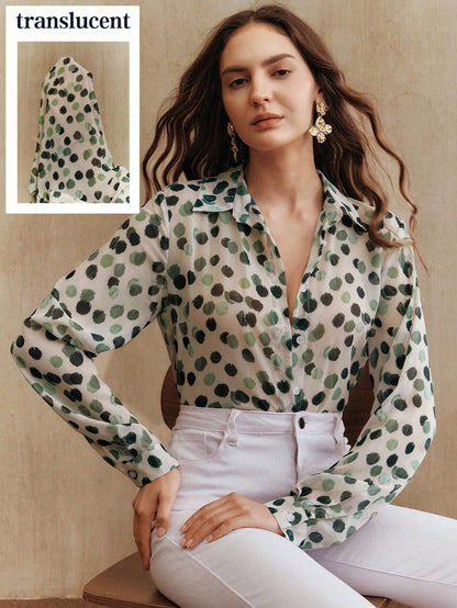 Anewsta Women's Elegant French Collar Long Sleeve Dual-Color Polka Dot Print Blouse, Autumn