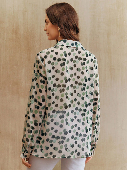 Anewsta Women's Elegant French Collar Long Sleeve Dual-Color Polka Dot Print Blouse, Autumn