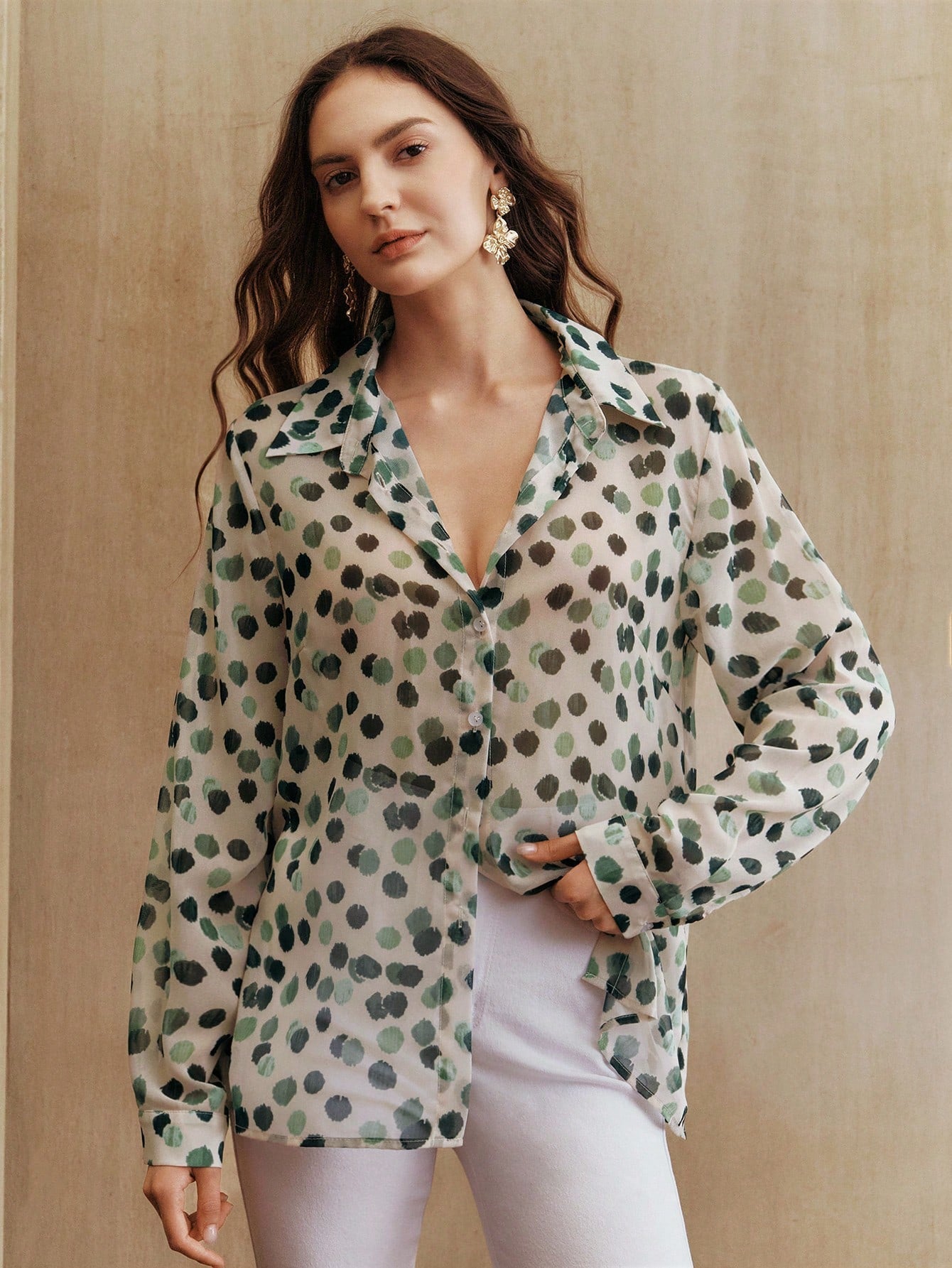 Anewsta Women's Elegant French Collar Long Sleeve Dual-Color Polka Dot Print Blouse, Autumn