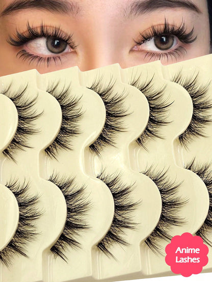 Asiteo 5 Pairs Doll-Like Natural False Eyelashes- Transparent Stem Cartoon Lashes, Fairy-Style Design, Perfect For Cosplay- Reusable