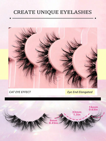 Asiteo 7 Pairs Anime Cat Eye False Eyelashes- Natural & Thick Cartoon Style, Transparent Lash Band, Beginner-Friendly, Perfect For Party & Daily Makeup