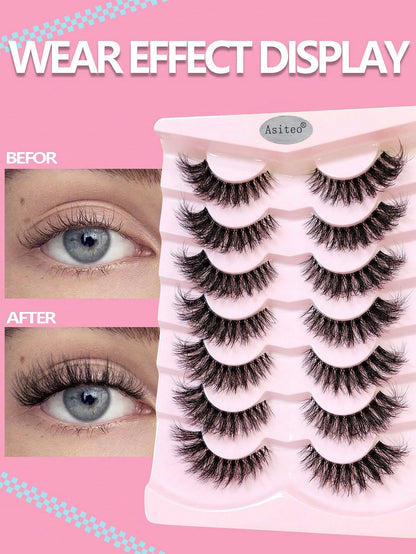 Asiteo 7 Pairs Anime Cat Eye False Eyelashes- Natural & Thick Cartoon Style, Transparent Lash Band, Beginner-Friendly, Perfect For Party & Daily Makeup
