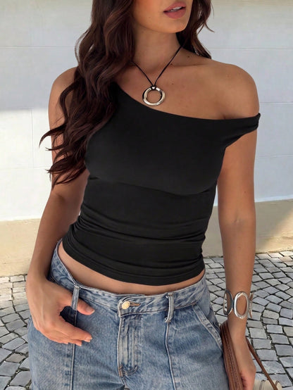 Asymmetric Collar Solid Color Pleated Summer Short Sleeve Top Casual Black