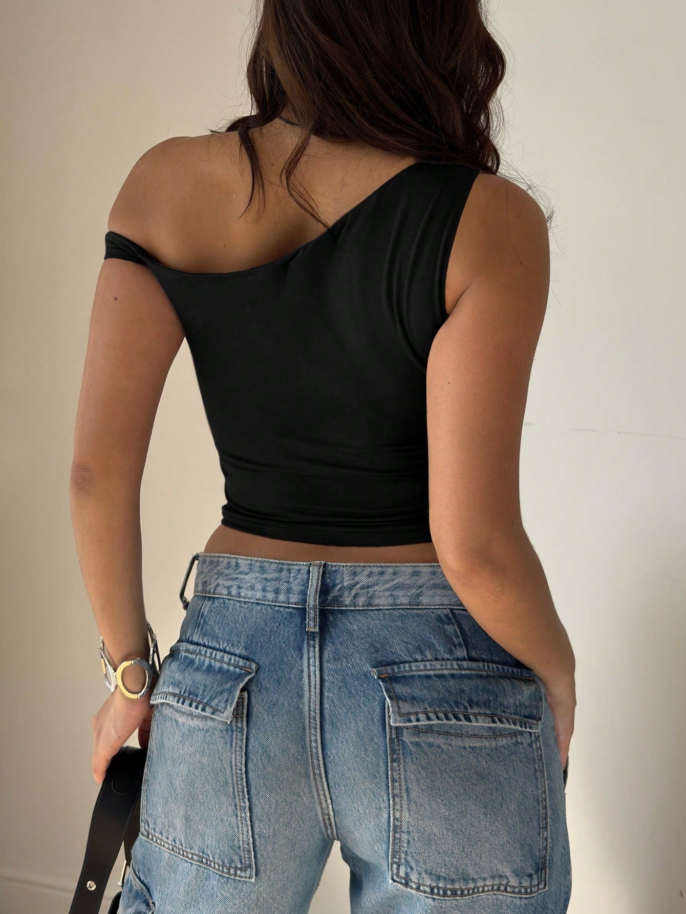 Asymmetric Collar Solid Color Pleated Summer Short Sleeve Top Casual Black