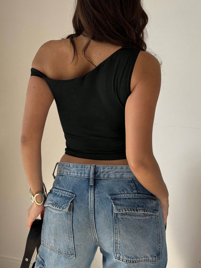 Asymmetric Collar Solid Color Pleated Summer Short Sleeve Top Casual Black