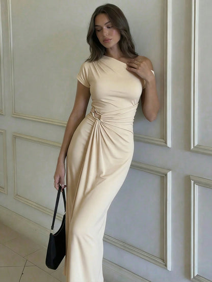 Asymmetric Neckline Dress In Chocolate Color| Pleated Waist Metal Decor Dress Suitable For Dates And Events Elegant Summer
