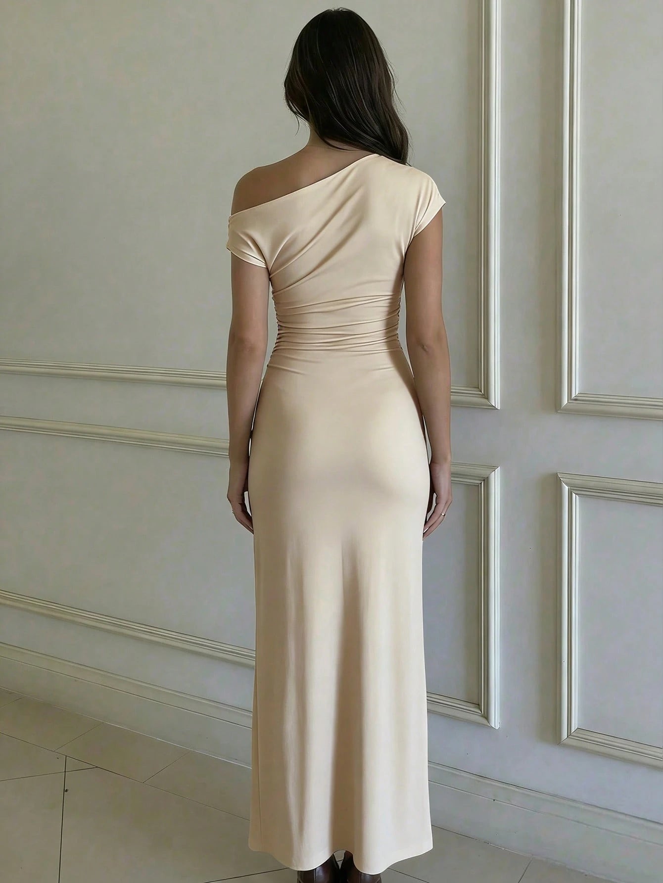 Asymmetric Neckline Dress In Chocolate Color| Pleated Waist Metal Decor Dress Suitable For Dates And Events Elegant Summer