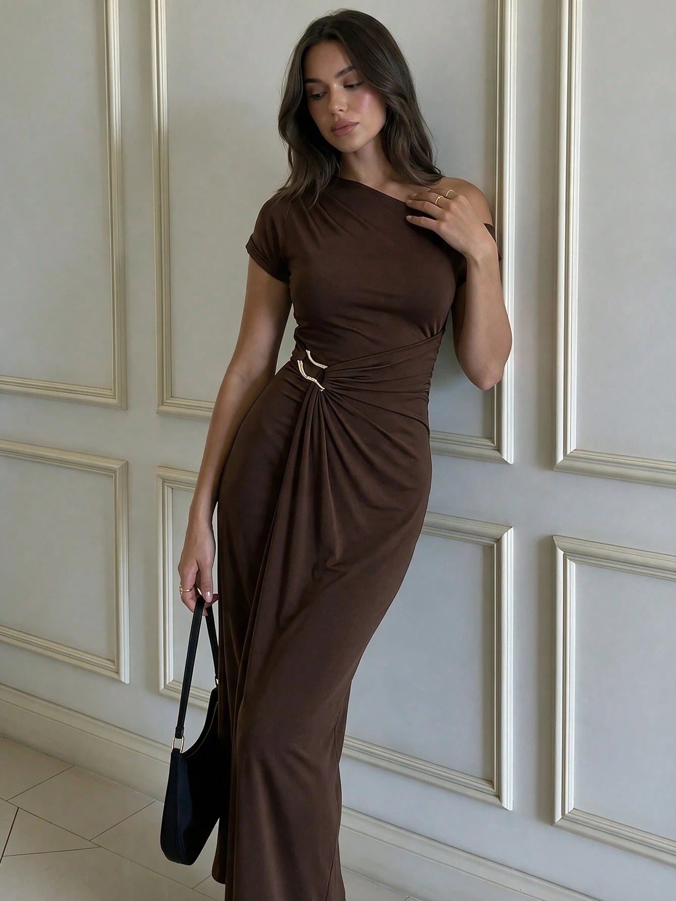 Asymmetric Neckline Dress In Chocolate Color| Pleated Waist Metal Decor Dress Suitable For Dates And Events Elegant Summer