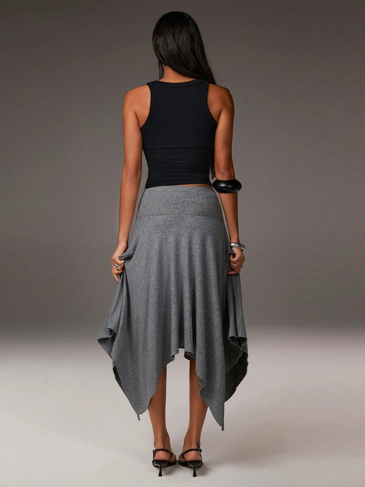 Athîral Women's Grey Summer Boho Vacation Asymmetrical Hem Low-Waisted Skirt, Fashionable Casual Resort-Style Asymmetric Soft Knit Fabric Stretch Skirt