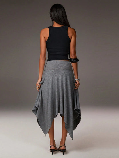 Athîral Women's Grey Summer Boho Vacation Asymmetrical Hem Low-Waisted Skirt, Fashionable Casual Resort-Style Asymmetric Soft Knit Fabric Stretch Skirt