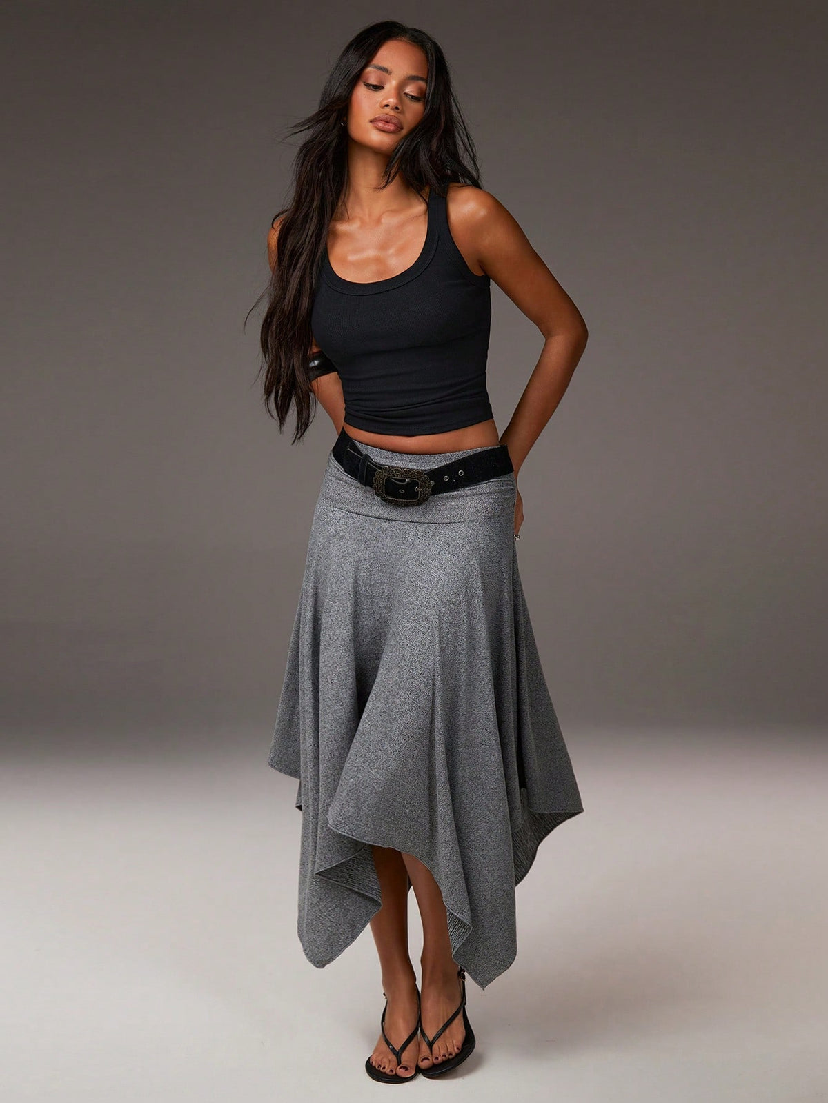 Athîral Women's Grey Summer Boho Vacation Asymmetrical Hem Low-Waisted Skirt, Fashionable Casual Resort-Style Asymmetric Soft Knit Fabric Stretch Skirt