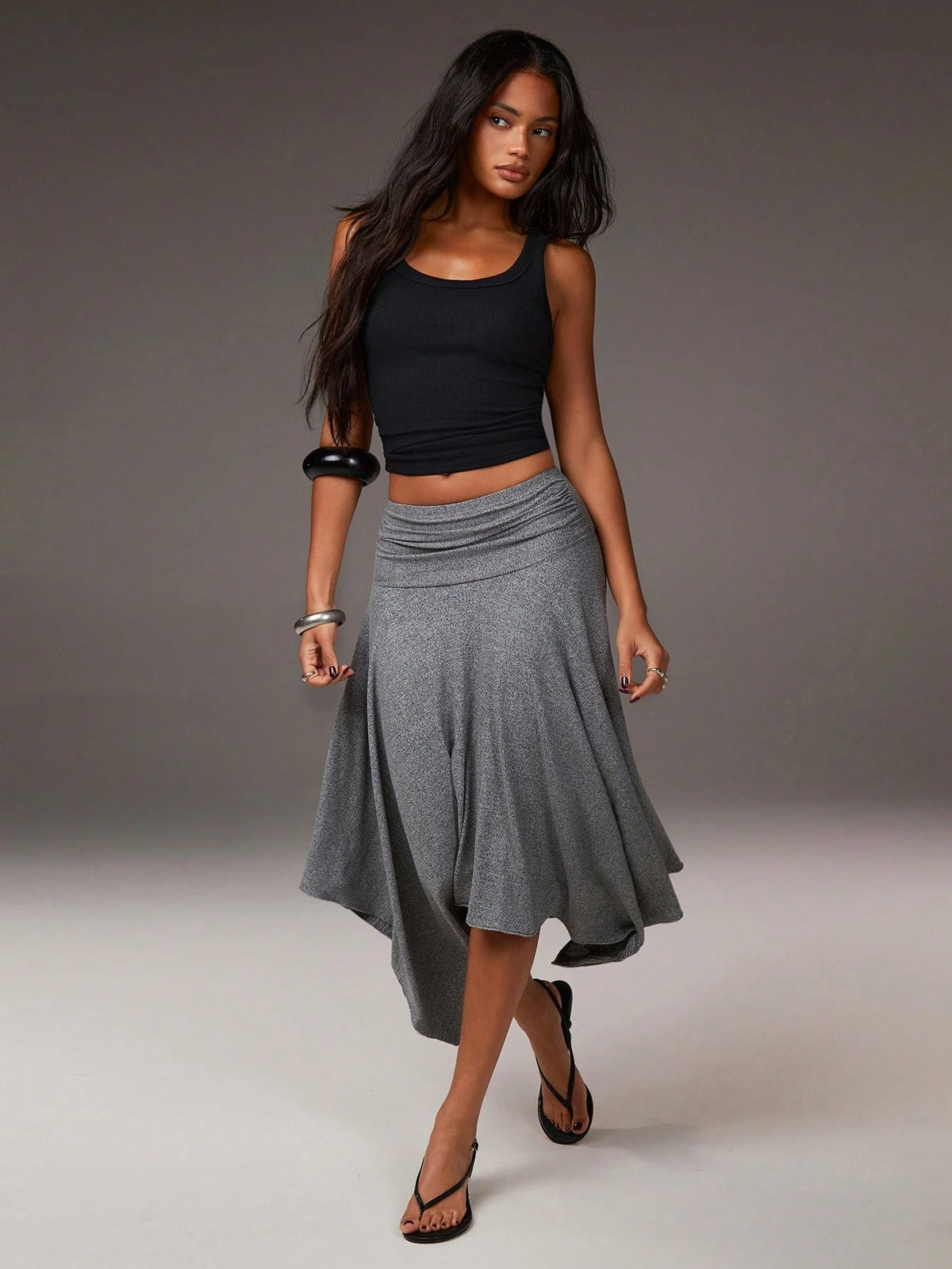 Athîral Women's Grey Summer Boho Vacation Asymmetrical Hem Low-Waisted Skirt, Fashionable Casual Resort-Style Asymmetric Soft Knit Fabric Stretch Skirt