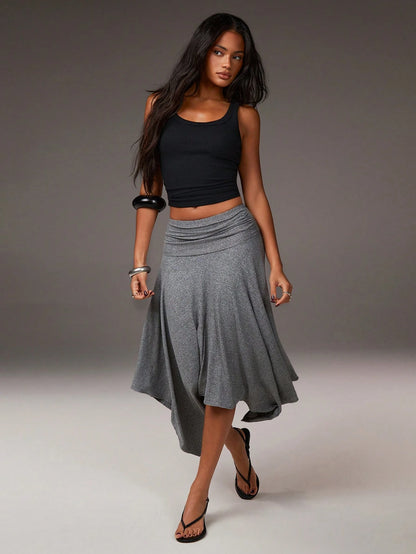 Athîral Women's Grey Summer Boho Vacation Asymmetrical Hem Low-Waisted Skirt, Fashionable Casual Resort-Style Asymmetric Soft Knit Fabric Stretch Skirt