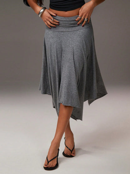 Athîral Women's Grey Summer Boho Vacation Asymmetrical Hem Low-Waisted Skirt, Fashionable Casual Resort-Style Asymmetric Soft Knit Fabric Stretch Skirt