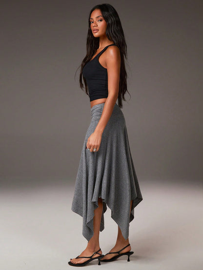 Athîral Women's Grey Summer Boho Vacation Asymmetrical Hem Low-Waisted Skirt, Fashionable Casual Resort-Style Asymmetric Soft Knit Fabric Stretch Skirt