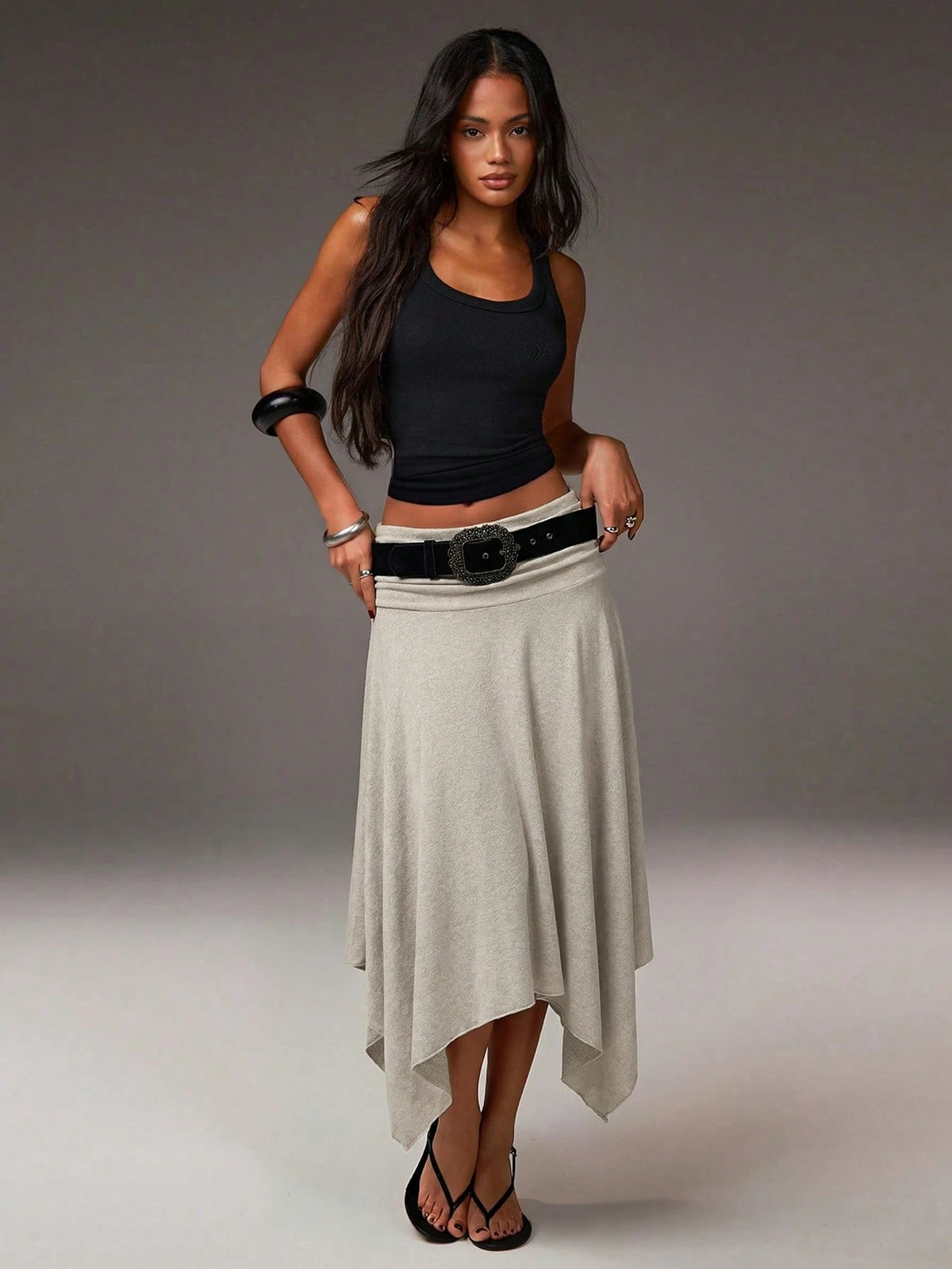 Athîral Women's Grey Summer Boho Vacation Asymmetrical Hem Low-Waisted Skirt, Fashionable Casual Resort-Style Asymmetric Soft Knit Fabric Stretch Skirt
