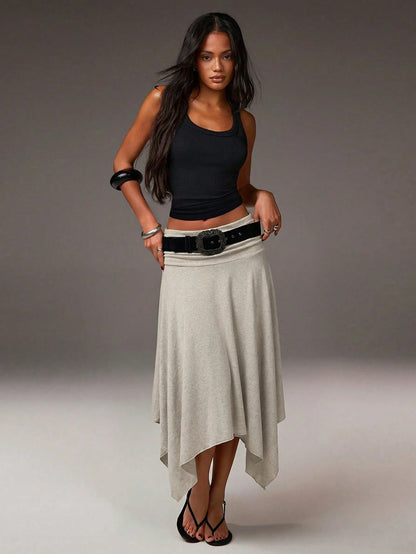 Athîral Women's Grey Summer Boho Vacation Asymmetrical Hem Low-Waisted Skirt, Fashionable Casual Resort-Style Asymmetric Soft Knit Fabric Stretch Skirt