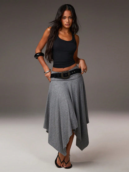 Athîral Women's Grey Summer Boho Vacation Asymmetrical Hem Low-Waisted Skirt, Fashionable Casual Resort-Style Asymmetric Soft Knit Fabric Stretch Skirt