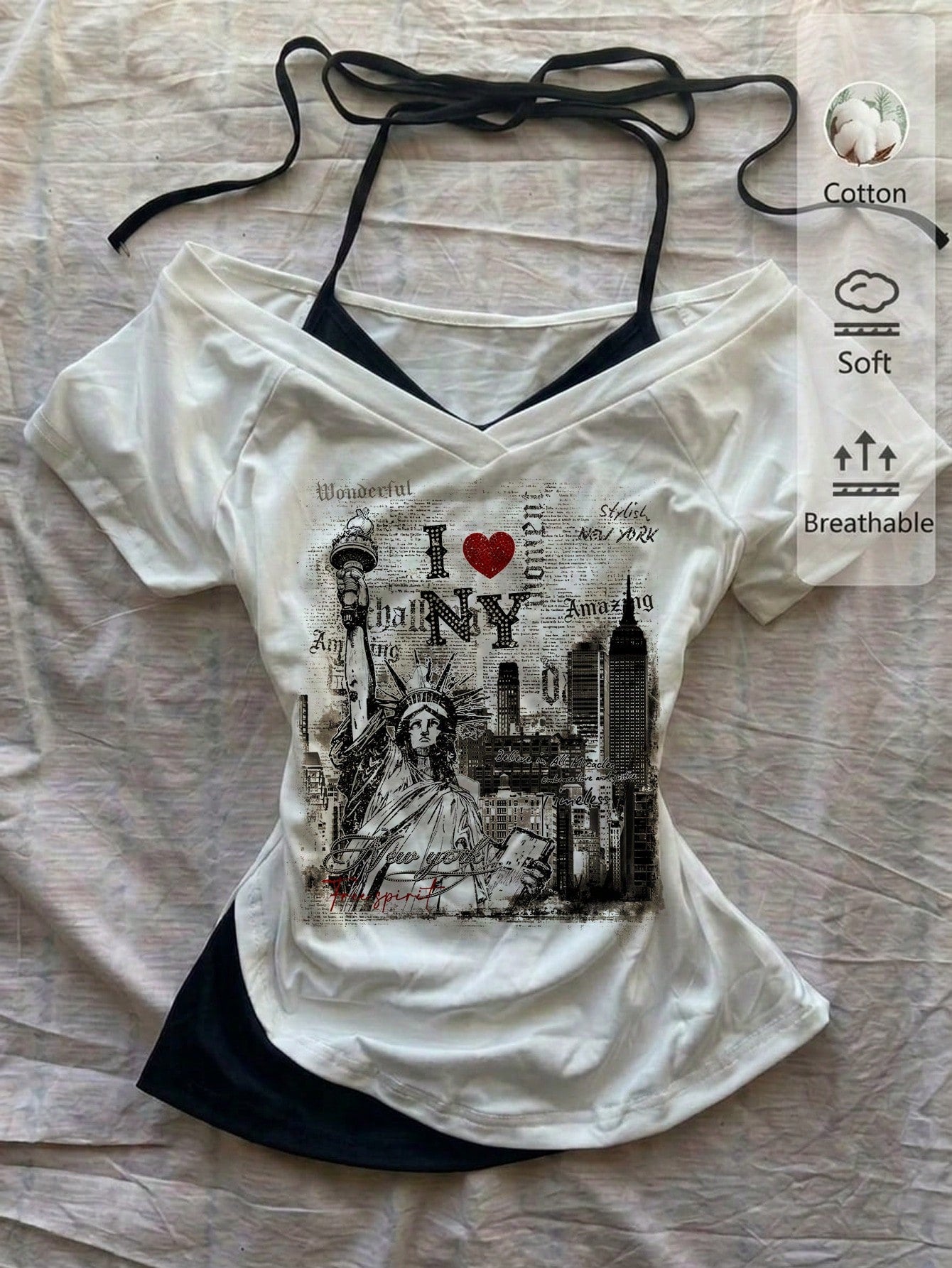 Attitoon Women's Casual Retro V-Neck Halter Tie-Up Contrast Color Short Sleeve T-Shirt, Suitable For Summer With Digit 98 Print Pattern,Summer Top