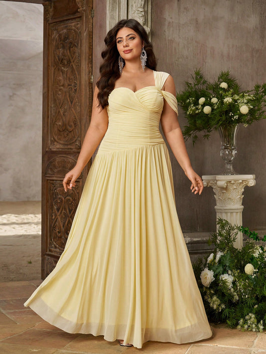 Aureia Plus Size Elegant Butter Yellow Elastic Mesh Fabric Strapless One Shoulder Ruched Bodycon A-Line Formal Dress Suitable For Wedding Guest & Bridesmaid