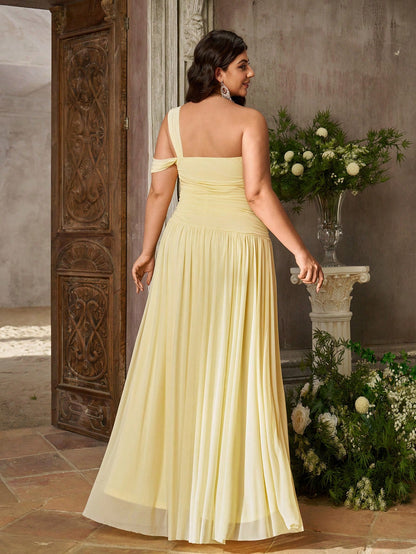 Aureia Plus Size Elegant Butter Yellow Elastic Mesh Fabric Strapless One Shoulder Ruched Bodycon A-Line Formal Dress Suitable For Wedding Guest & Bridesmaid