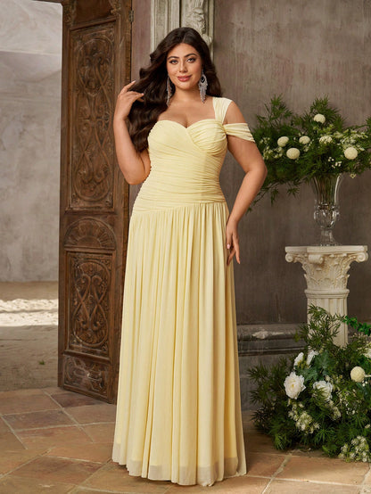 Aureia Plus Size Elegant Butter Yellow Elastic Mesh Fabric Strapless One Shoulder Ruched Bodycon A-Line Formal Dress Suitable For Wedding Guest & Bridesmaid