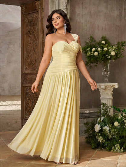 Aureia Plus Size Elegant Butter Yellow Elastic Mesh Fabric Strapless One Shoulder Ruched Bodycon A-Line Formal Dress Suitable For Wedding Guest & Bridesmaid