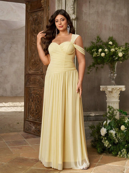 Aureia Plus Size Elegant Butter Yellow Elastic Mesh Fabric Strapless One Shoulder Ruched Bodycon A-Line Formal Dress Suitable For Wedding Guest & Bridesmaid
