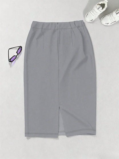 Autumn Commute Gemstone Rose Solid High Waist Pencil Skirt Professional Back To School