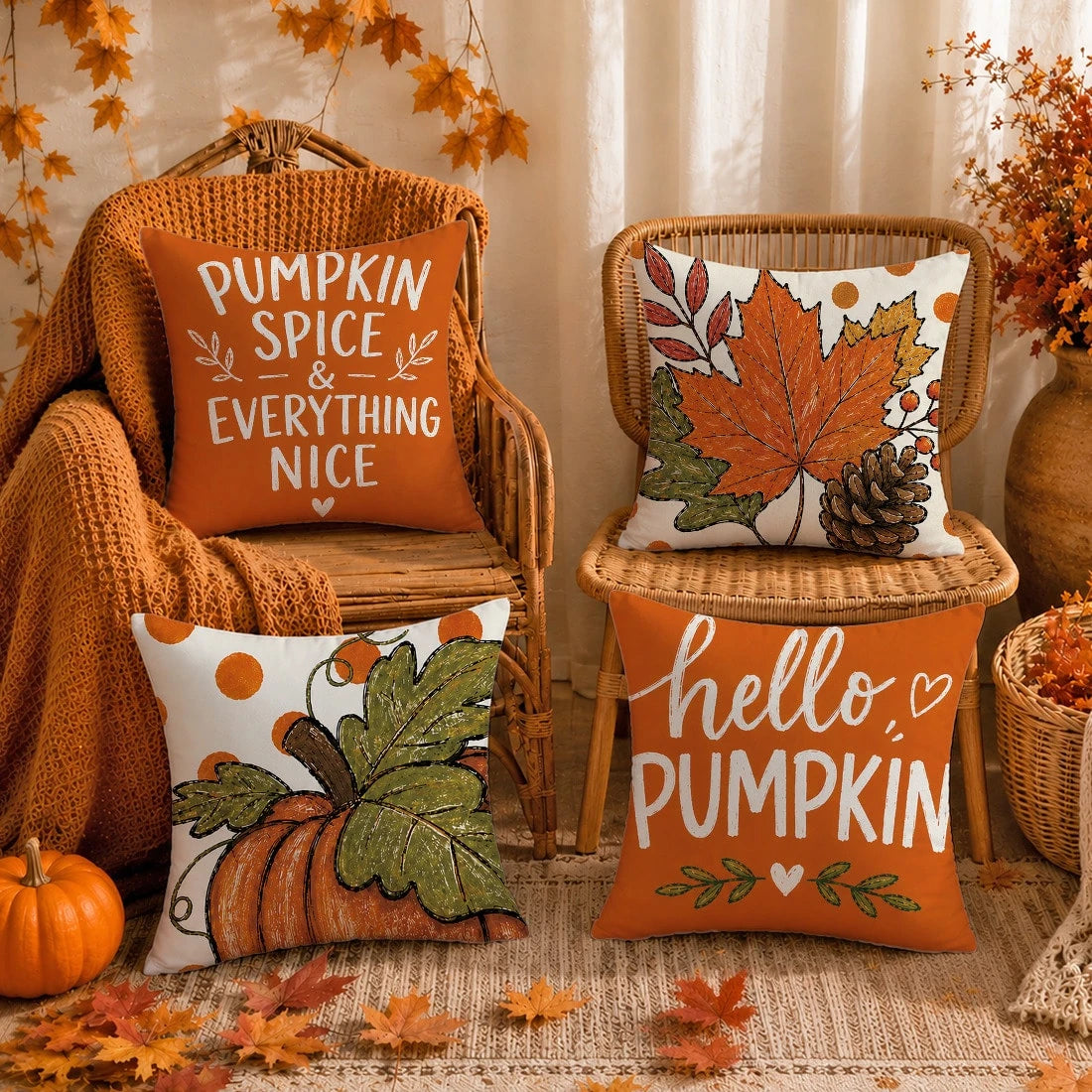 Autumn Minimalist Pumpkin Maple Leaf Pine Cone Cushion Cover 4pcs Set, Single-Sided Printed Peach Skin Velvet Polyester Material, 45*45CM/18*18inch Pillow Covers Suitable For Room Decor, Modern Minima