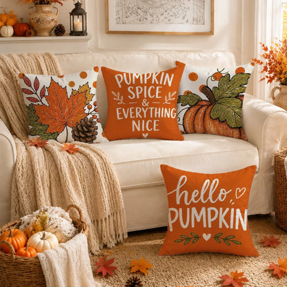 Autumn Minimalist Pumpkin Maple Leaf Pine Cone Cushion Cover 4pcs Set, Single-Sided Printed Peach Skin Velvet Polyester Material, 45*45CM/18*18inch Pillow Covers Suitable For Room Decor, Modern Minima