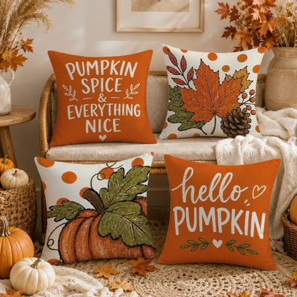 Autumn Minimalist Pumpkin Maple Leaf Pine Cone Cushion Cover 4pcs Set, Single-Sided Printed Peach Skin Velvet Polyester Material, 45*45CM/18*18inch Pillow Covers Suitable For Room Decor, Modern Minima