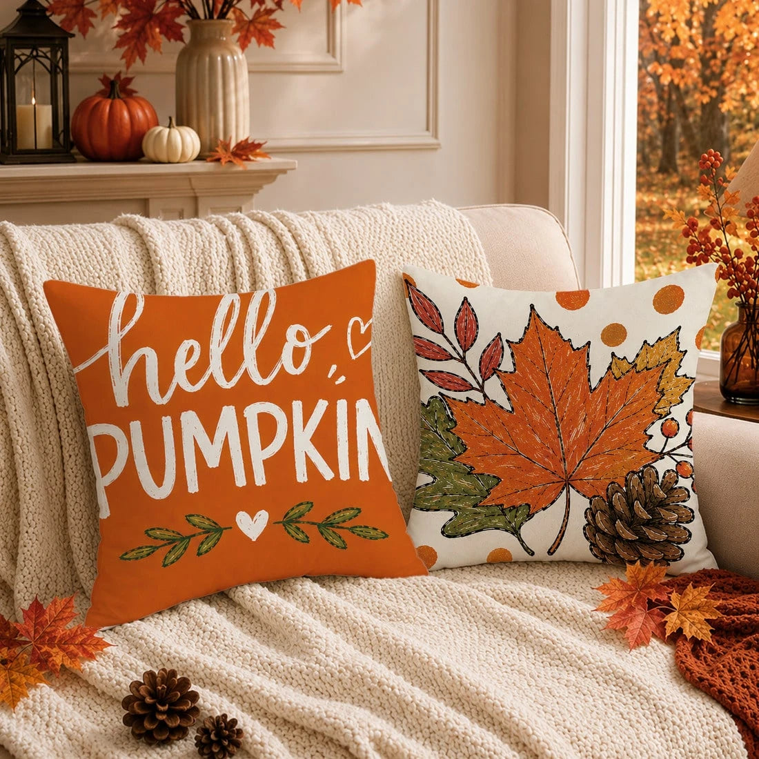 Autumn Minimalist Pumpkin Maple Leaf Pine Cone Cushion Cover 4pcs Set, Single-Sided Printed Peach Skin Velvet Polyester Material, 45*45CM/18*18inch Pillow Covers Suitable For Room Decor, Modern Minima