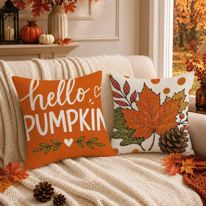 Autumn Minimalist Pumpkin Maple Leaf Pine Cone Cushion Cover 4pcs Set, Single-Sided Printed Peach Skin Velvet Polyester Material, 45*45CM/18*18inch Pillow Covers Suitable For Room Decor, Modern Minima