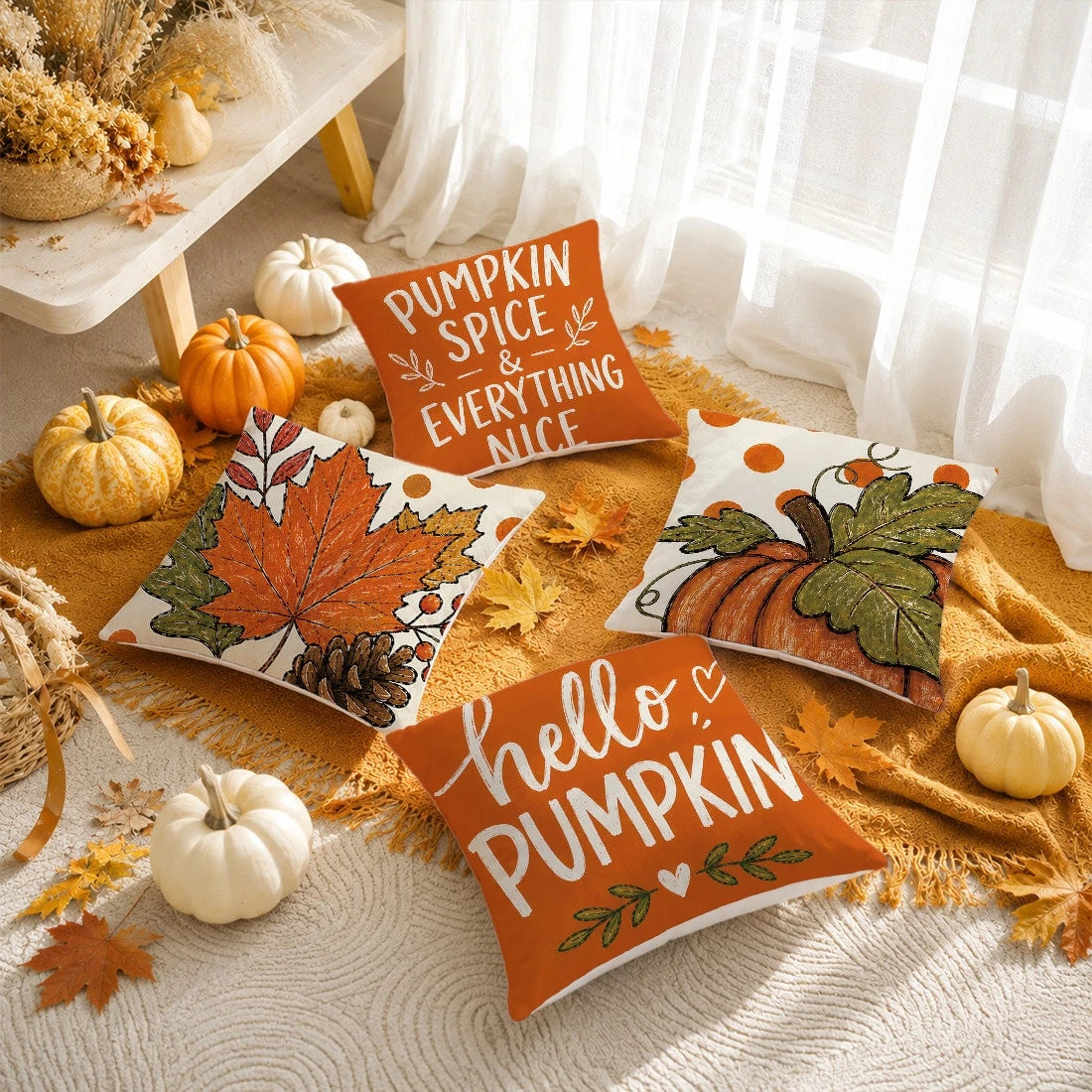 Autumn Minimalist Pumpkin Maple Leaf Pine Cone Cushion Cover 4pcs Set, Single-Sided Printed Peach Skin Velvet Polyester Material, 45*45CM/18*18inch Pillow Covers Suitable For Room Decor, Modern Minima